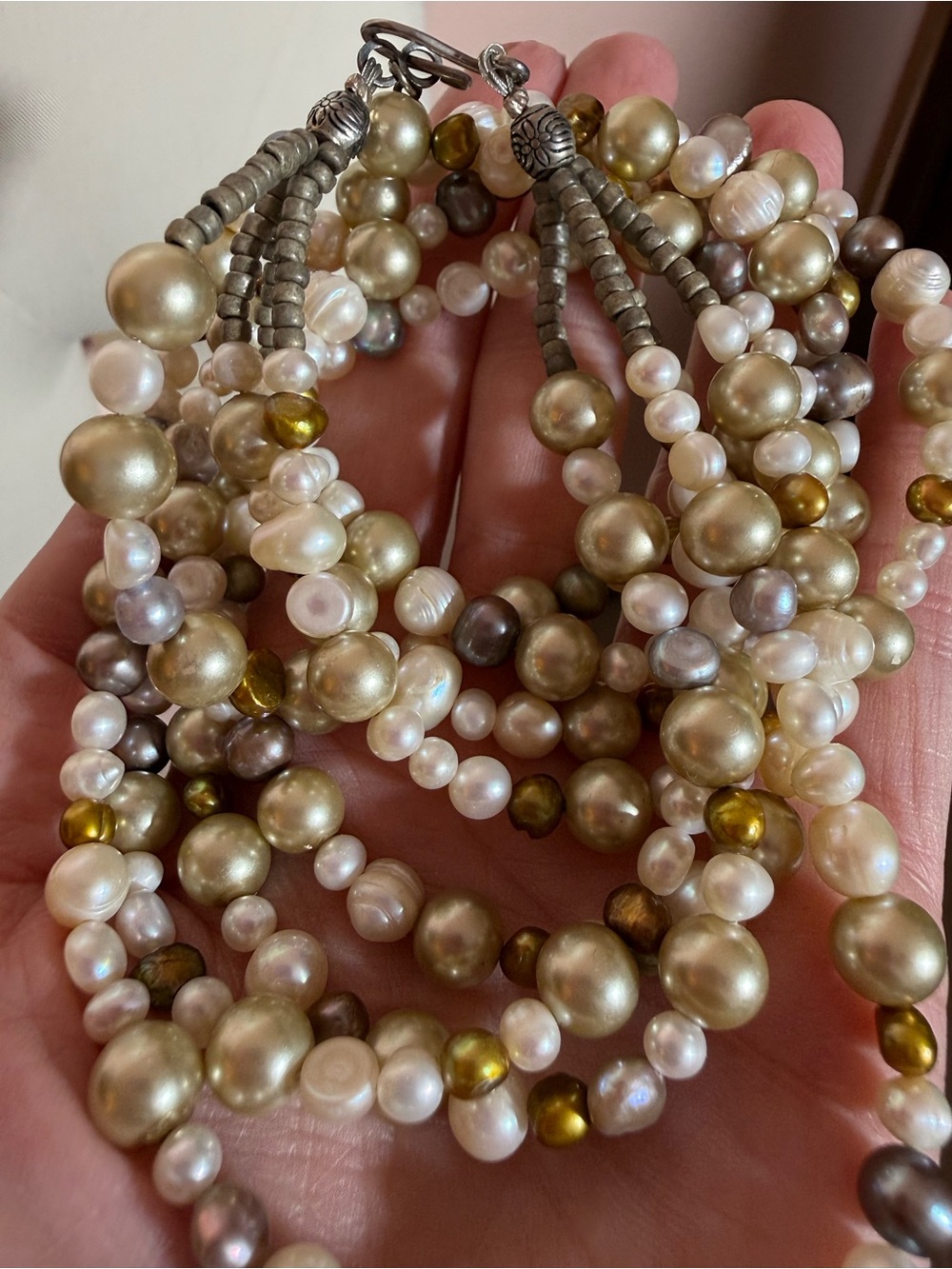 Baroque pearl cream brown four strand choker necklace 16 inches Vintage